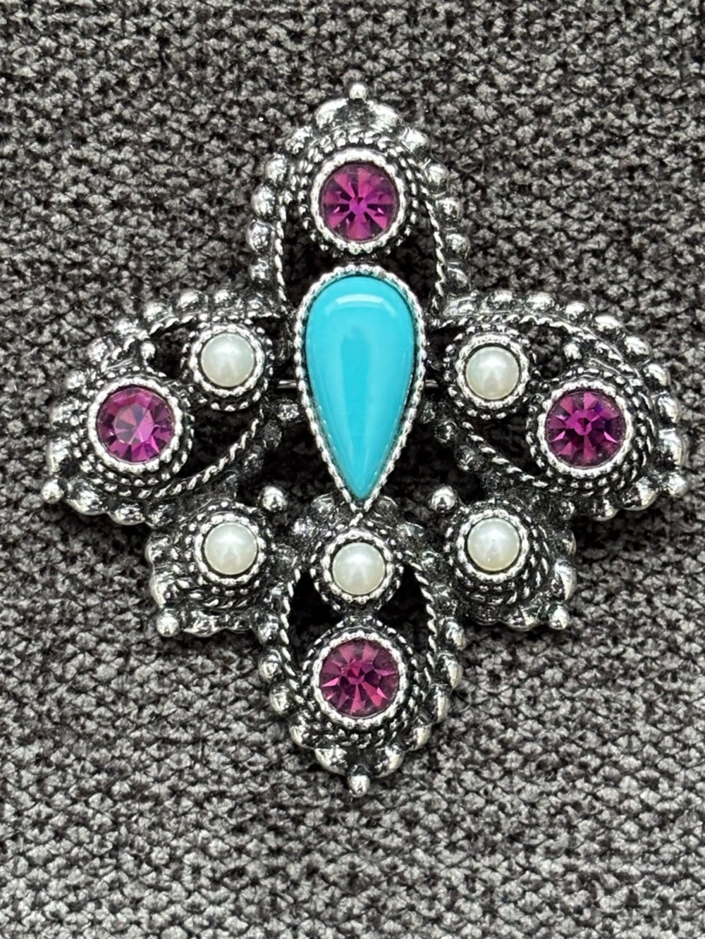 Sarah Coventry Silver-Tone Turquoise Toned Teardrop & Purple Crystal Pendant Pin